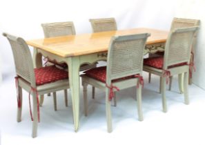 A French style painted and pine extending dining table and chairs - late 20th century, the