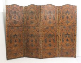 A Victorian imitation leather four-fold dressing or room screen - the arched panels in embossed card