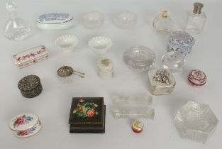 A collection of miniatures boxes and glass scent bottles - including a Russian lacquered box; a