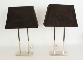 A pair of modern polished steel rectangular framed table lamps - 42.5 cm high inc. fittings, with