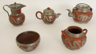 A Chinese pewter mounted Yixing red terracotta five piece tea service - early 20th century,