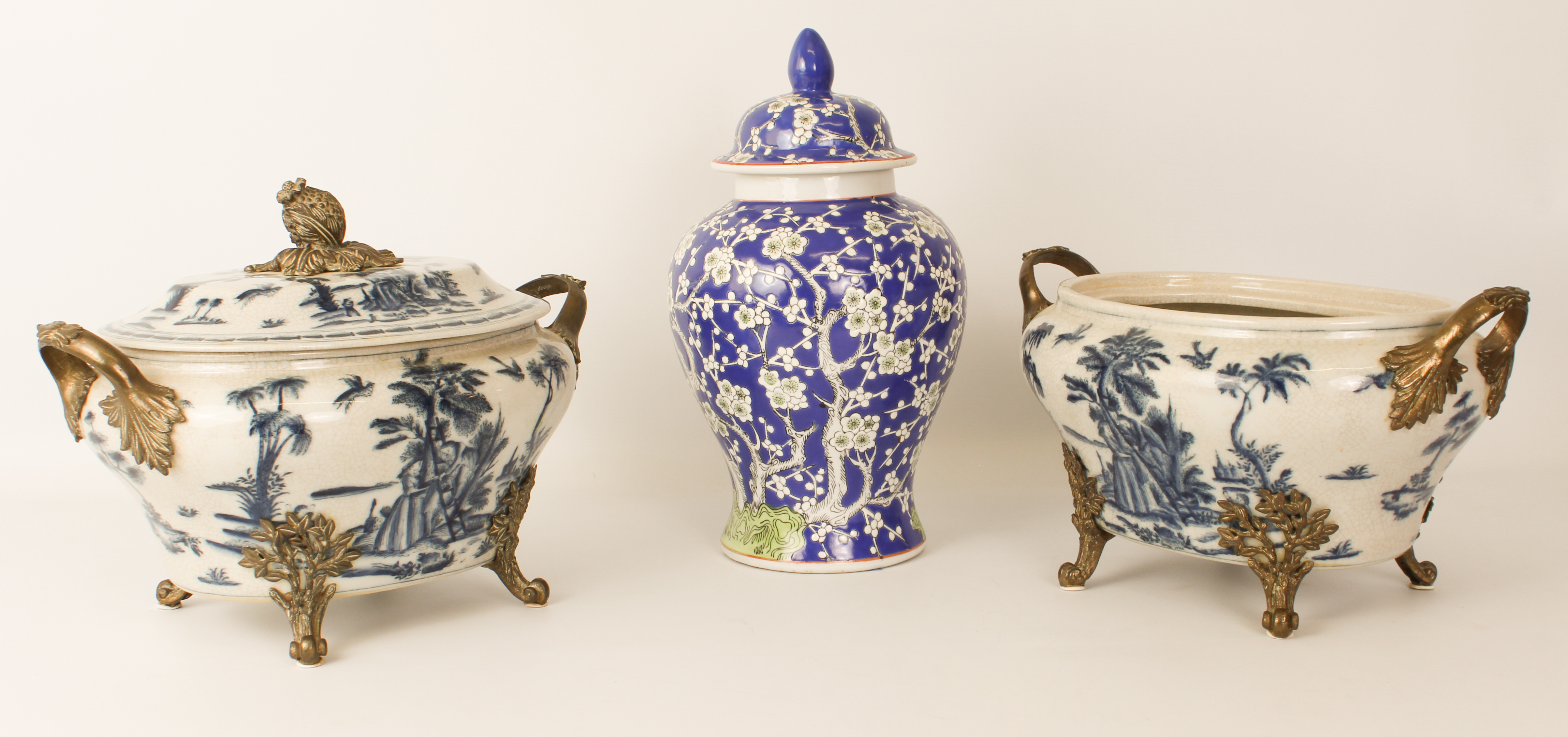A blue and white porcelain covered tureen in 19th century style - modern, of bombe, oval form,