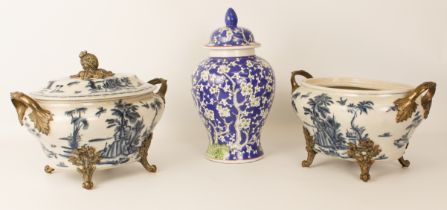 A blue and white porcelain covered tureen in 19th century style - modern, of bombe, oval form,