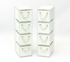 A pair of small white rattan style four drawer units - woven white plastic with rope handles, wire