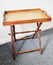 A butler's tray on a Victorian turned walnut stand - the later mahogany tray with veneered