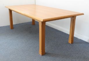 A large modern mid-oak bespoke dining table - the cleated rectangular top with moulded edge and