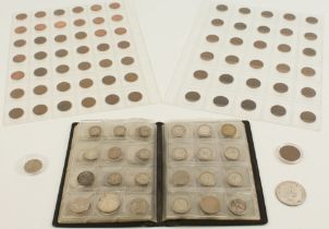 A quantity of mostly GB and USA coins: 1. a stock book containing 91 silver and white metal coins (