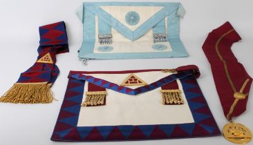 Two freemason's aprons and associated regalia: 1. 3° Craft Master Mason apron 2. Royal Arch