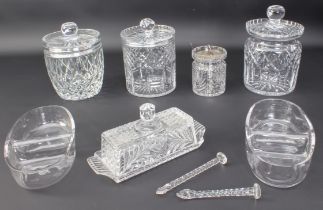 Three cut glass biscuit boxes or barrels - one by Waterford, etched mark to base, 18.5 cm high,