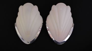 A pair of Art Deco period frosted glass and chrome cinema wall lights - shell shaped, with bayonet