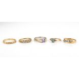 Five 9ct gold stone-set rings (gross weight 10.2g)