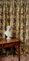 A pair of handmade, lined and interlined curtains, with matching lambrequin style, trimmed,