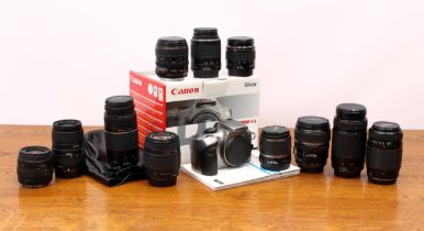 A collection of Canon and Canon-mount DSLR lenses - including a Canon EF 75-300mm f4-5.6 II USM