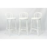 Three white painted bentwood chair-back bar stools - 98 cm high, 74.5 cm high to seat, 41 cm wide.