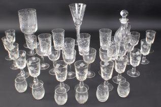 A group of antique and modern drinking glasses - including a commemorative Stuart airtwist wine