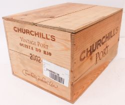 A case of 12 bottles of 2002 Churchill's Quinta do Rio vintage port