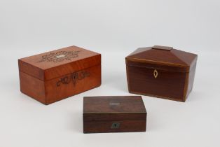 Three 19th century boxes - comprising a mid-19th century satinwood jewellery box with hobnail scroll