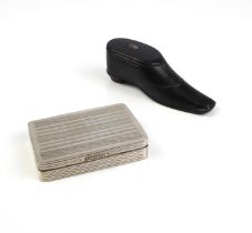 A 19th century snuff box in the shape of a shoe and a sterling silver snuff box (marked ST