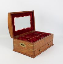 A brass mounted teak jewellery box or casket - modern, in the 19th century campaign style, the domed