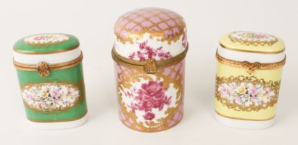 A Limoges porcelain box - mid-20th century, cylindrical with domed cover and gilt-metal mount with