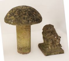 A composite stone garden mushroom seat - 50 cm high, and a small composite stone figure of Mrs.