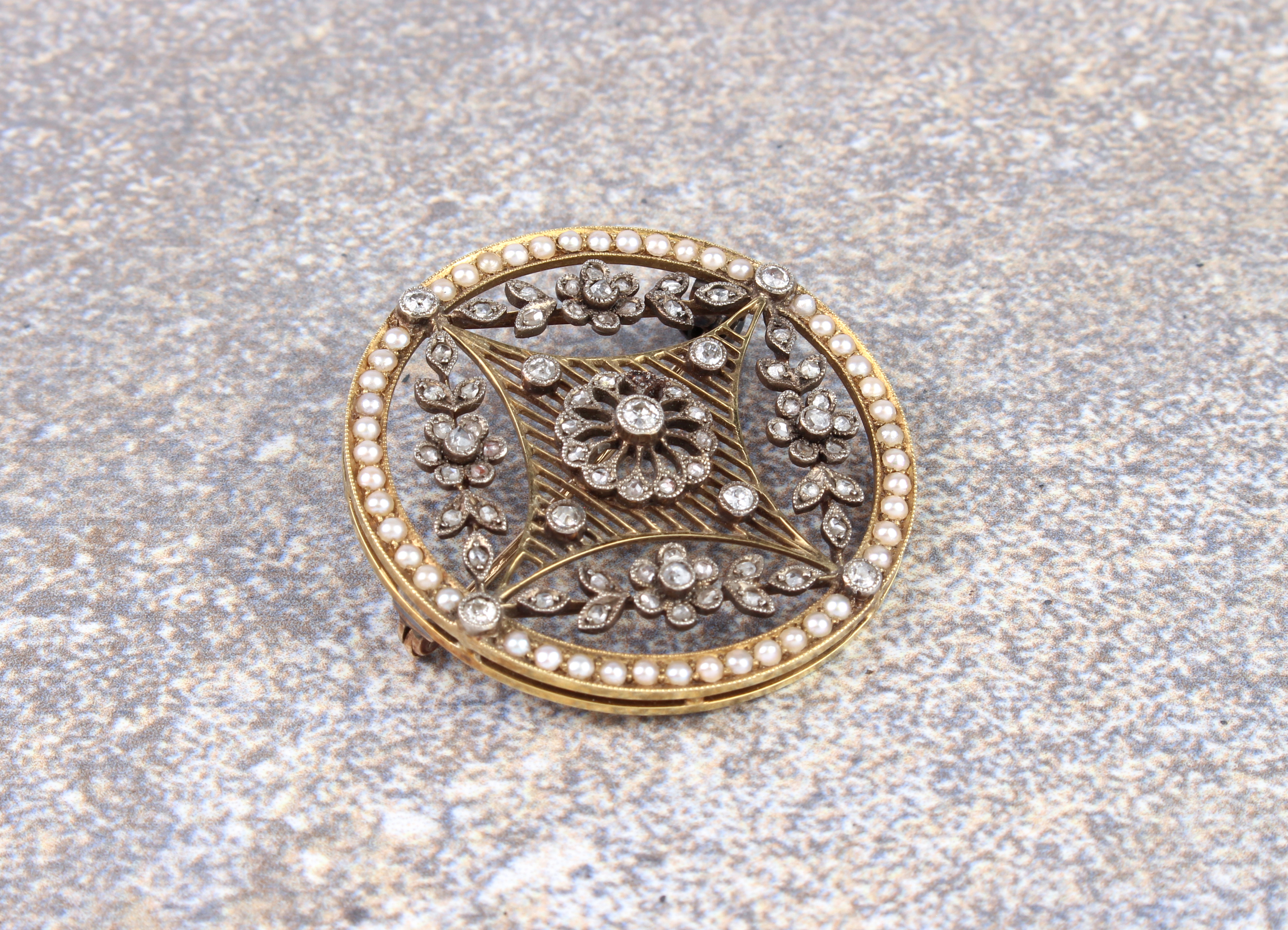 A fine Edwardian Belle Epoque 18ct gold, silver, seed pearl and diamond target brooch - unmarked but - Image 3 of 4