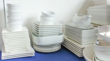 A large collection of white glazed kitchen cook ware, serving china and dinner ware - modern, makers
