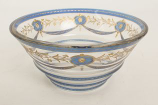 A late Victorian or Edwardian intaglio-cut blue and parcel-gilt glass bowl - possibly by Stevens &