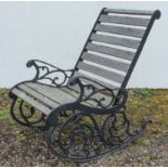 A garden rocking chair - black-painted metal and hardwood  slats
