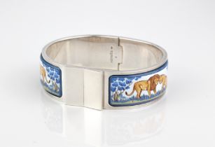 An Hermes silver and enamel bangle - stamped 'HERMES B' with French control marks, the broad band