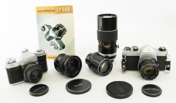 An Asahi Pentax SP500 35mm SLR film camera - with various lenses inc. an Asahi Super-Takumar 55mm f2