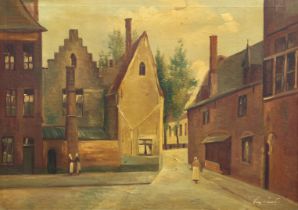 Belgian School (1920s-30s) Street scene oil on canvas, indistinctly signed lower right, 'Van .....?'