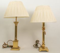 Two antique-style brass table lamps - one of Corinthian column form, with square pedestal base, 48