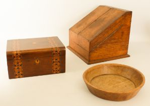 An Edwardian honey oak stationary box - together with a Victorian walnut and parquetry box; and a