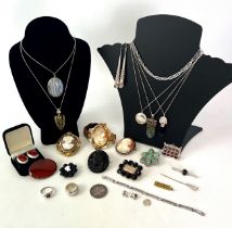 A collection of 19th and 20th century jewellery to include: cameos, brooches, silver and gold