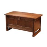 An early 18th century style carved oak small coffer - 1920s-30s, the cleated, boarded top