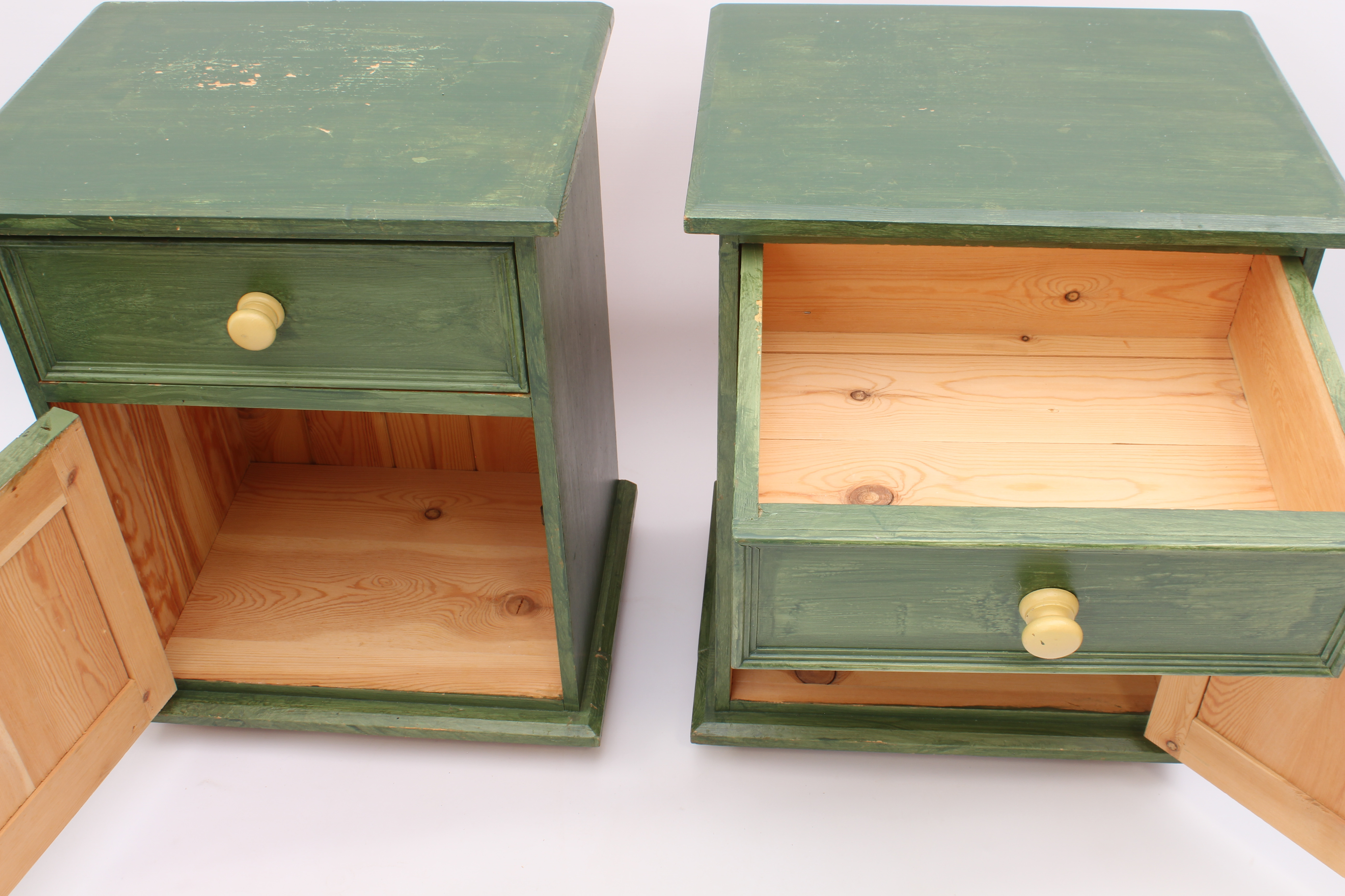 A pair of green painted pine bedside cabinets - each with a single drawer over a panelled cupboard - Image 4 of 9