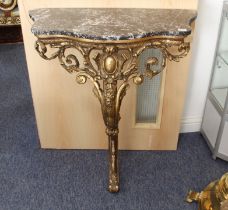 An antique carved gilt, gesso and marble console table - the later grey and white marble top on a