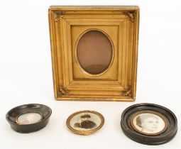 Three miniature portraits and a miniature frame: 1. a 19th century watercolour on card of a naval