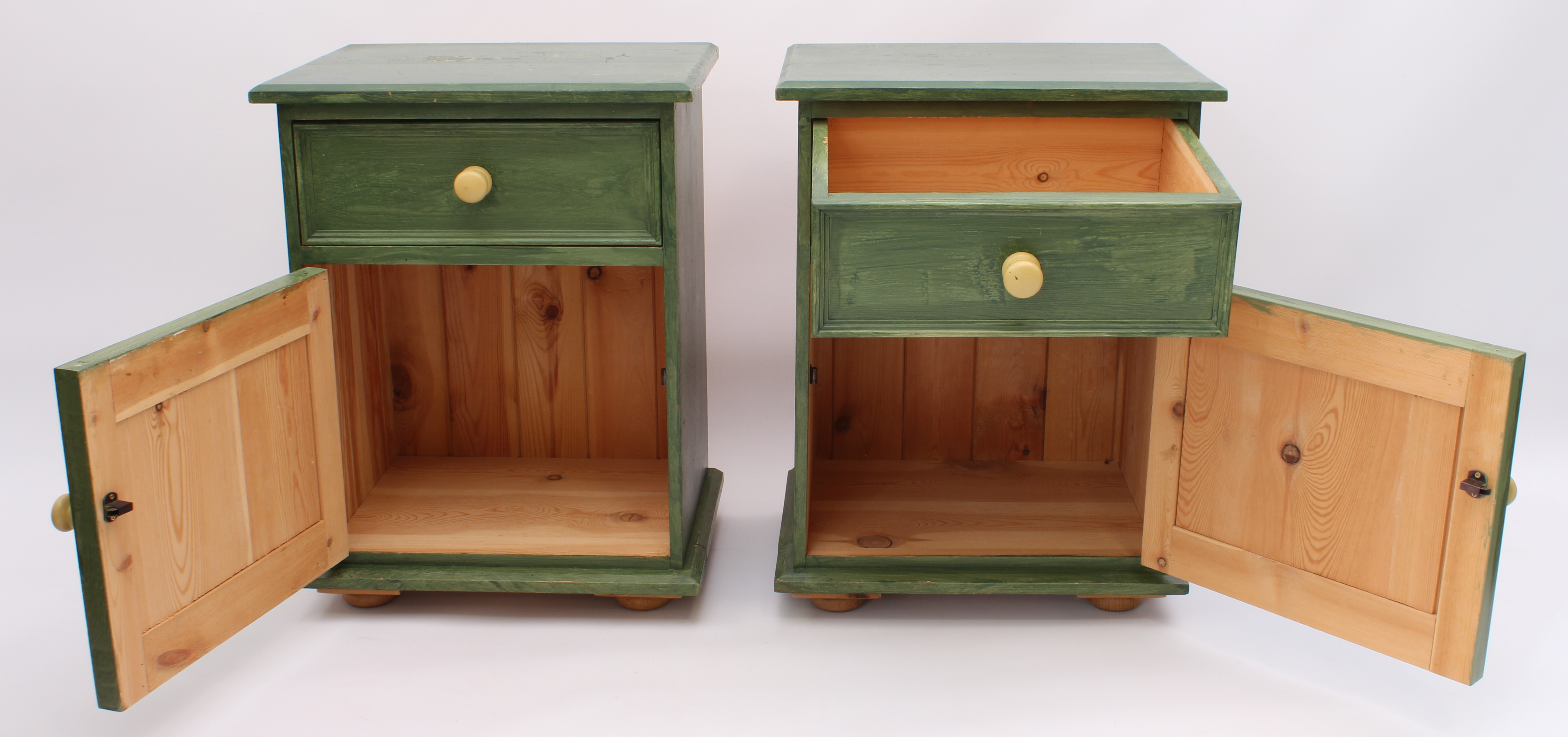 A pair of green painted pine bedside cabinets - each with a single drawer over a panelled cupboard - Image 3 of 9