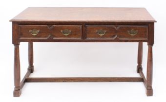 A small 18th century style two-drawer panelled oak dresser base - first half 20th century, the thumb