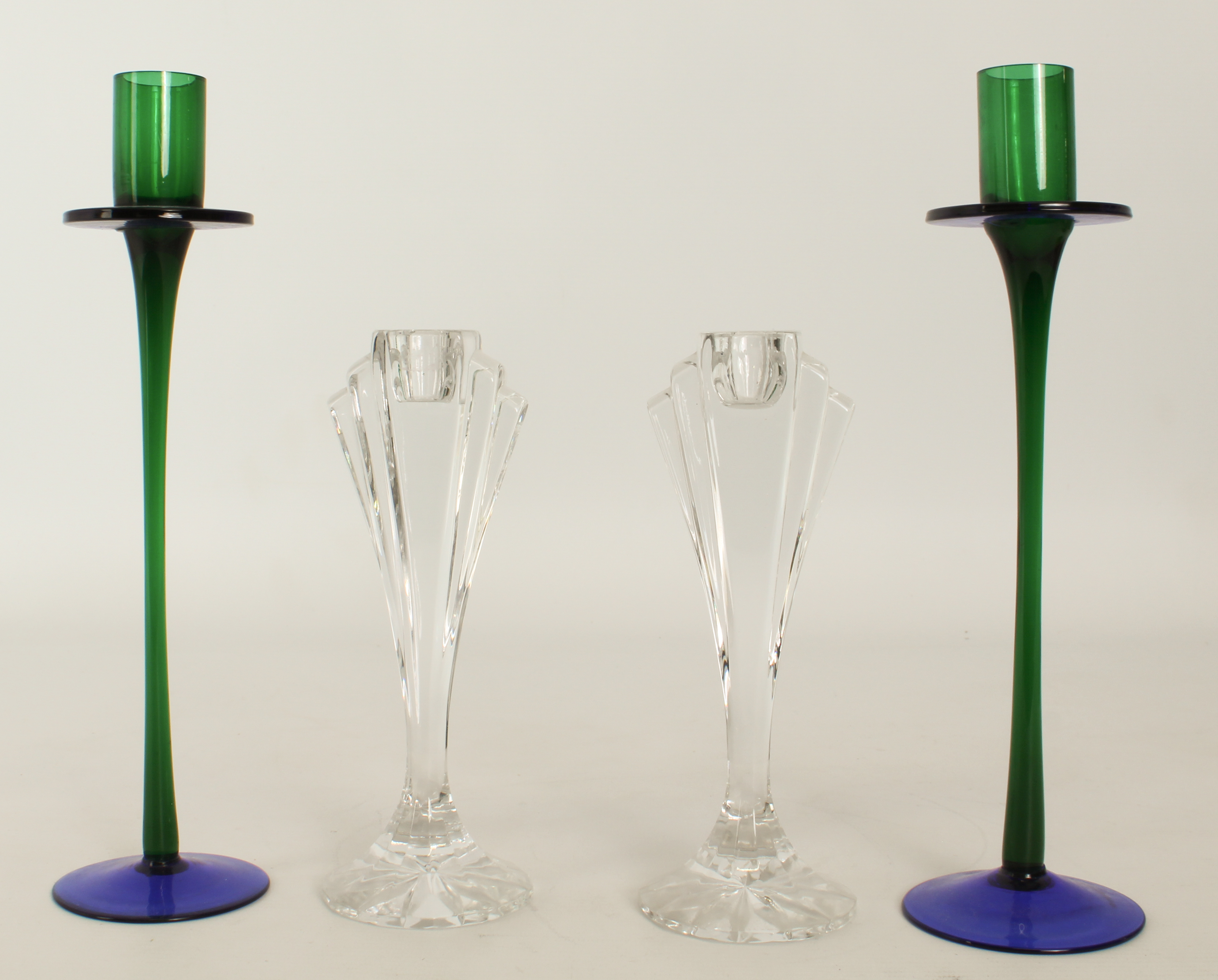A pair of retro green and blue art glass candlesticks - 1980s, blown glass, with cylindrical nozzles - Image 2 of 4