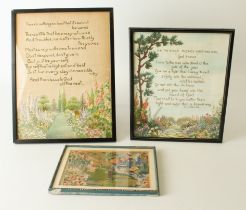 Two 1930s silk embroidered pictures of gardens with verse - the larger 12 x 9 in (30.5 x 22.8 cm),