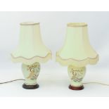 A pair of ceramic Oriental style baluster vase lamps - late 20th century, decorated with peacocks