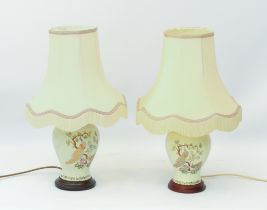 A pair of ceramic Oriental style baluster vase lamps - late 20th century, decorated with peacocks