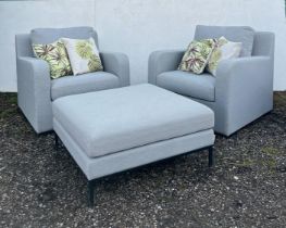 Maze Living outdoor chairs x 2, upholstered in light grey, together with matching outdoor pouffe