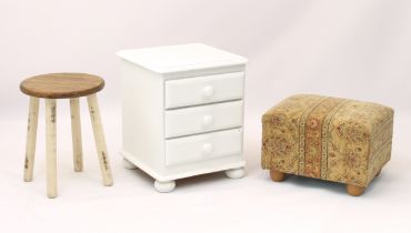 A white painted pine three drawer bedside chest - together with a painted and beech wood milking