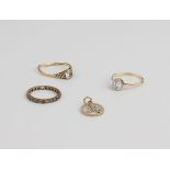 Three 9ct gold rings - two set with a single clear stone (one a/f, stones worn to both), the other