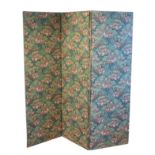 A three-fold dressing or room screen - mid-20th century, the rectangular panels upholstered in