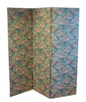 A three-fold dressing or room screen - mid-20th century, the rectangular panels upholstered in